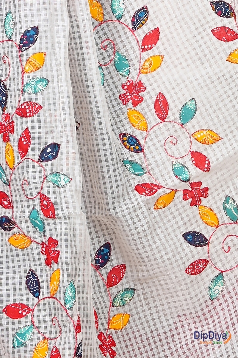 White Red Cotton Variti Aplic Applique Saree (612)